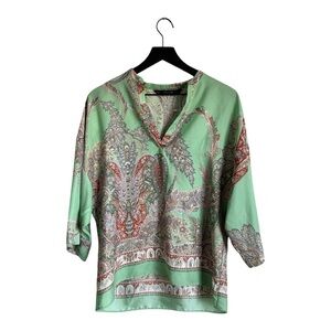 Zara Small Green Multicolored Paisley 3/4 Sleeve Top